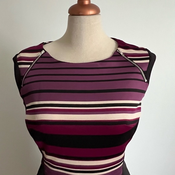 Enfocus Studio -  Burgundy,  Black & Cream Stripped Bodycon Midi Dress - Picture 4 of 13